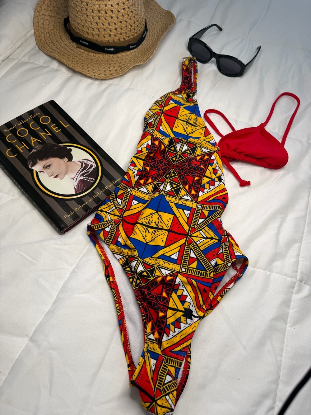 Colorful Geometric One-Shoulder Women’s One-Piece Swimsuit - Red/Yellow/Blue